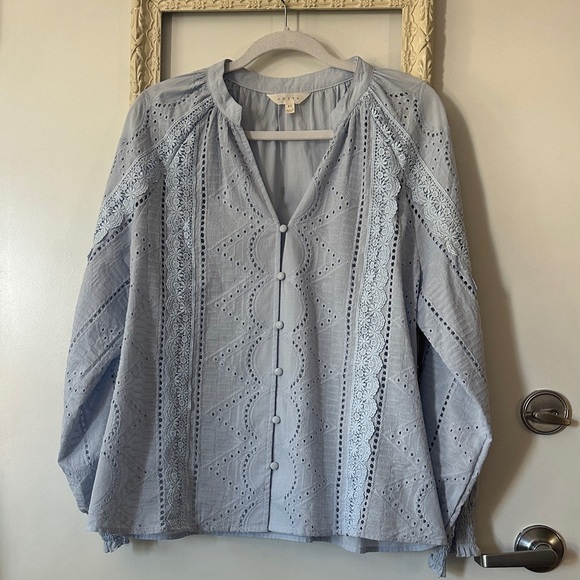 ADIVA | Light Blue Eyelet Cotton Button-Up Blouse - Picture 3 of 16